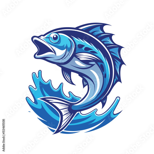 Dynamic Stylized Blue Fish Leaping from Water with Splashes - Ideal for Fishing, Seafood, Sport, and Aquatic Brand Logos