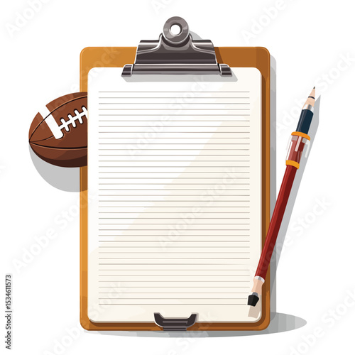 Professional checklist clipboard with arrow and American football illustration for organization and sports management