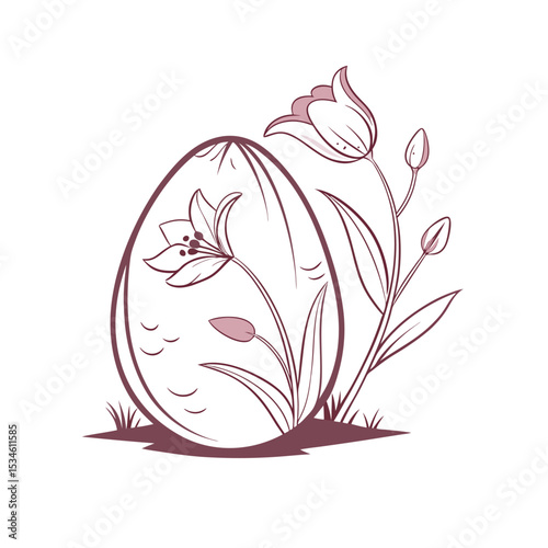 Elegant Outline Illustration of an Easter Egg with Floral Design and Spring Tulips - Perfect for Holiday, Nature, and Decorative Themes