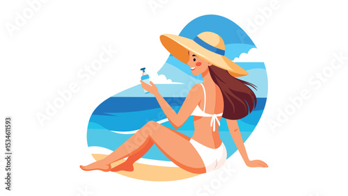 Girl applying sunscreen lotion on arms 2D vector isolated illustration Skincare routine Young woman in straw hat flat character on cartoon background Spending time at beach colourful scene