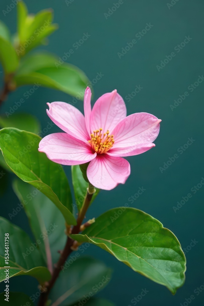 Delicate pink blossom, vibrant green leaves against bold backdrop, soft, green, petal Delicate pink blossom, vibrant green leaves against bold backdrop, soft, green, petal