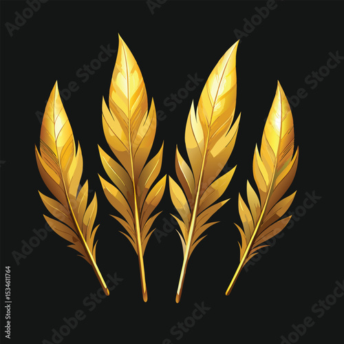Luxurious Set of Four Shiny Golden Feathers on a Dark Background - Ideal for Elegant, Premium, Success, and Decorative Design Concepts