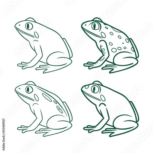 Set of Four Minimalist Green Frog Outline Illustrations with Various Patterns - Ideal for Nature, Biology, and Children's Design Projects