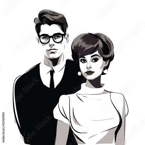 Professional Black and White Cartoon Image of Couple Woman and Man