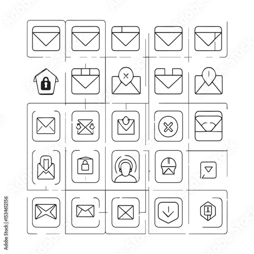 A grid showcasing a variety of email icons in a simple, clean line art style.  The icons depict various email functions and statuses.