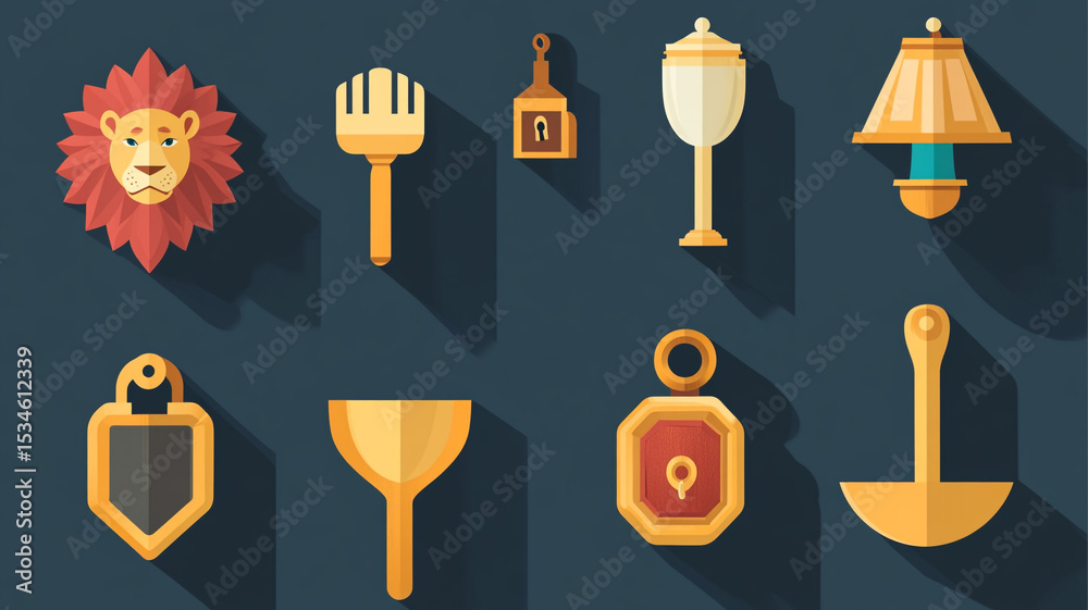HD icon vector set with locket, ladle, lion, and lamp in modern flat style HD icon vector set with locket, ladle, lion, and lamp in modern flat style