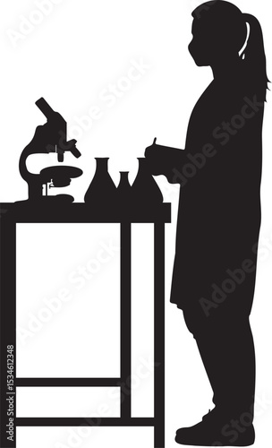 A female scientist works diligently in a laboratory setting using a microscope and beakers conducting research experiments, silhouette