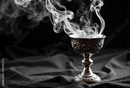 Elegant silver bowl with swirling smoke rising against a dark background photo