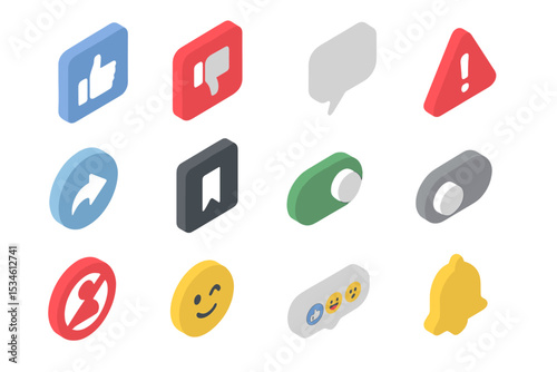 Isometric social media icons set with reactions and notifications