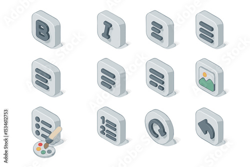 Isometric ui icons: text editing and formatting tools with stylish design