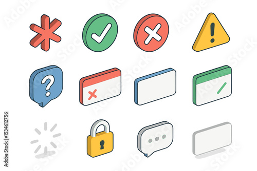 Colorful 3d isometric icons set including checkmarks and symbols