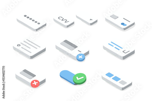 Minimalist interface elements including toggles, buttons, and cards