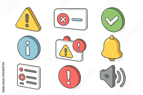 Colorful 3d alert and notification icons set on gradient background