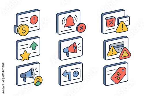 Colorful icons of notifications and warnings in isometric style