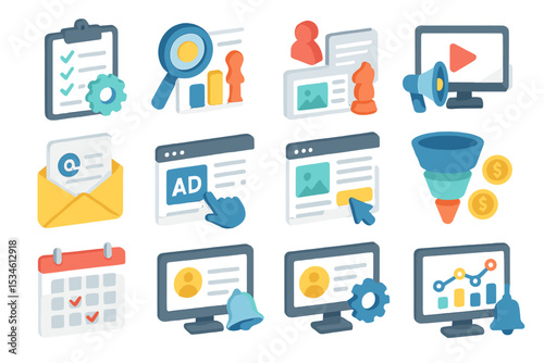 Colorful icons representing various aspects of digital marketing and communication