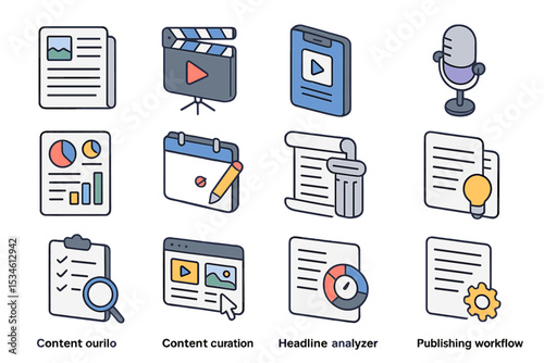 Content creation tools icons with calendar, microphone, video, and analytics