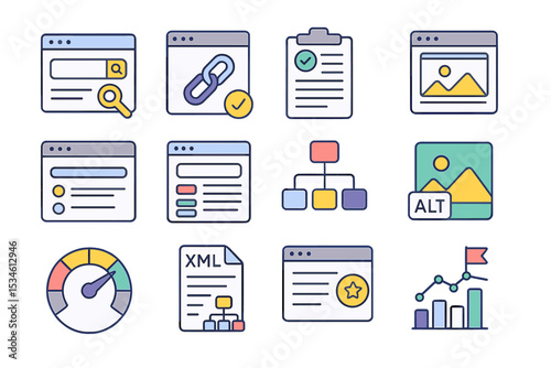 Seo and web development icons with analytics and optimization symbols