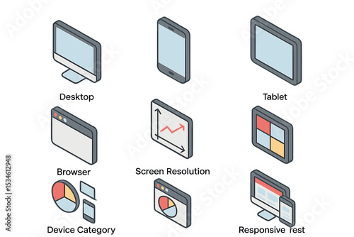 Isometric icons of various digital devices and user interface elements