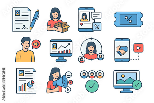 Digital marketing icons with male and female characters for social media strategy