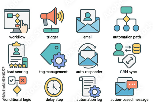 Workflow automation icons featuring triggers, email, and conditional logic