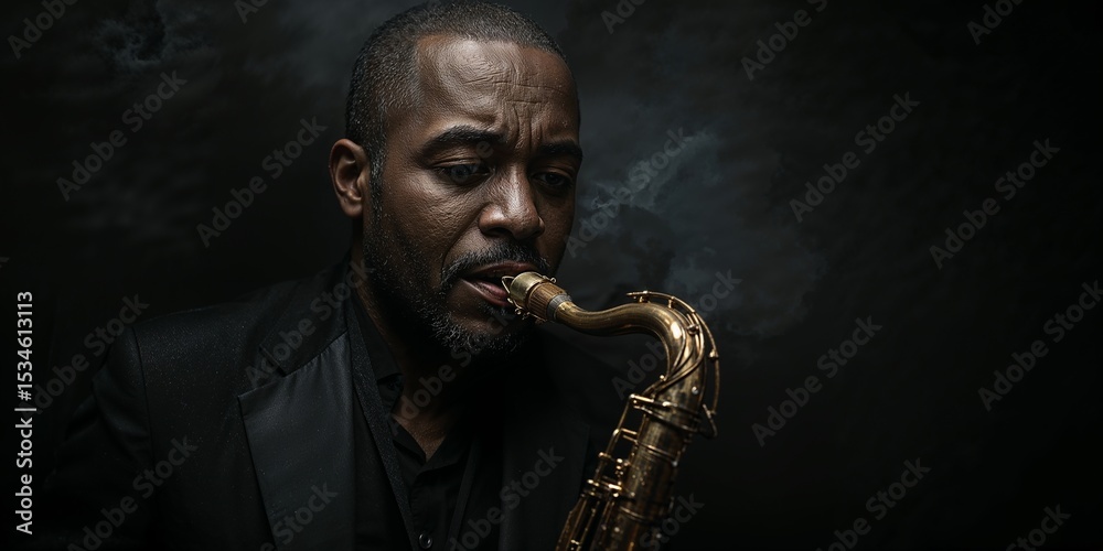 Naklejka premium Jazz musician intensely plays the saxophone in dramatic lighting.
