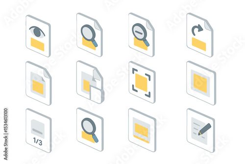 Document icons with eye, magnifying glass, and folder symbols