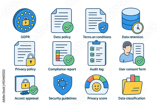 Data privacy and security icons set illustrating policies and compliance