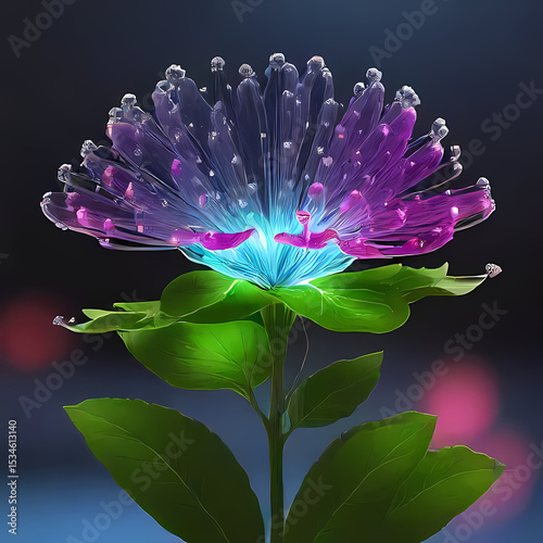 Glowing flower with purple and blue petals against a blurred background  