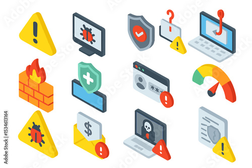 Cybersecurity icons with warnings, firewalls, shields, passwords, and phishing