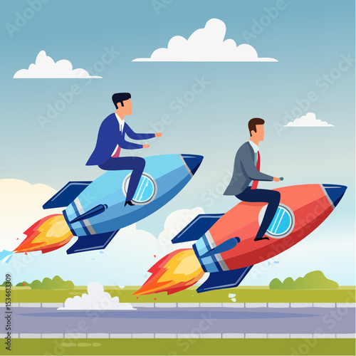 Boost fast speed to win business competition, high performance employee, competitive advantage winner, innovation or skill to success concept, businessman winner riding rocket, another on slow snai