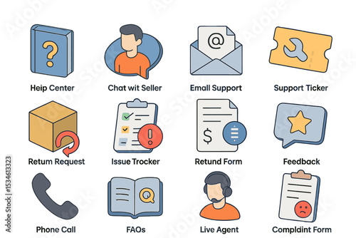 Customer support icons featuring chat, email, ticket, and feedback options
