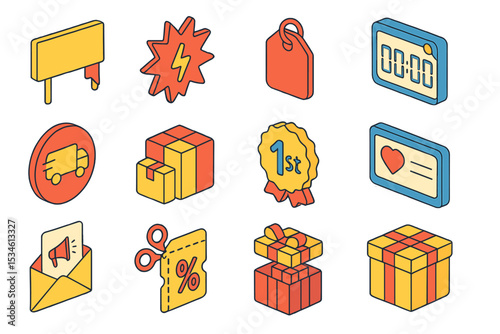 Collection of colorful isometric icons featuring boxes, tags, and awards