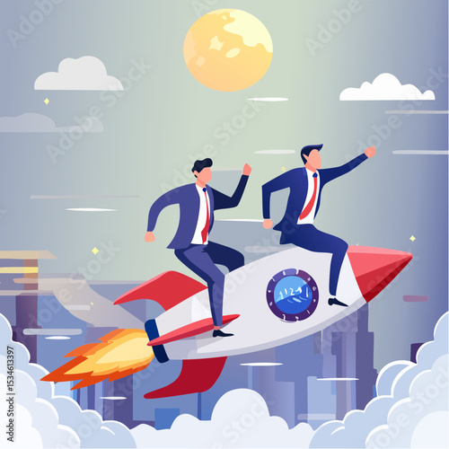 Boost fast speed to win business competition, high performance employee, competitive advantage winner, innovation or skill to success concept, businessman winner riding rocket, another on slow snai