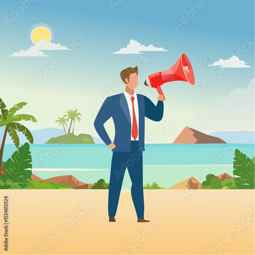 Amplify megaphone, communication voice or advertising message, important announcement loud shouting, broadcast word, message or information concept, businessman shouting on big amplifier megaphon