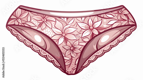 Delicate lace bikini panties with sheer floral edges and satin details shine under soft lighting. Close-up shot emphasizes texture and elegance, ideal for a fashion lingerie vector on white.

