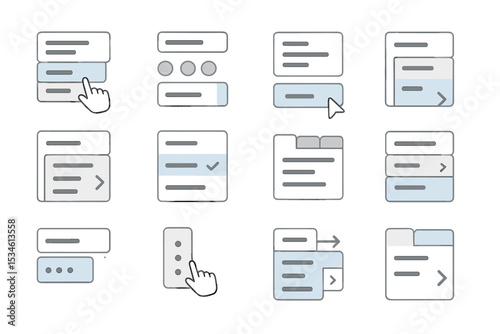 User interface elements collection of buttons and menus with cursor interaction