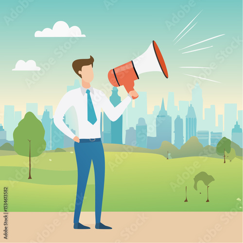 Amplify megaphone, communication voice or advertising message, important announcement loud shouting, broadcast word, message or information concept, businessman shouting on big amplifier megaphon