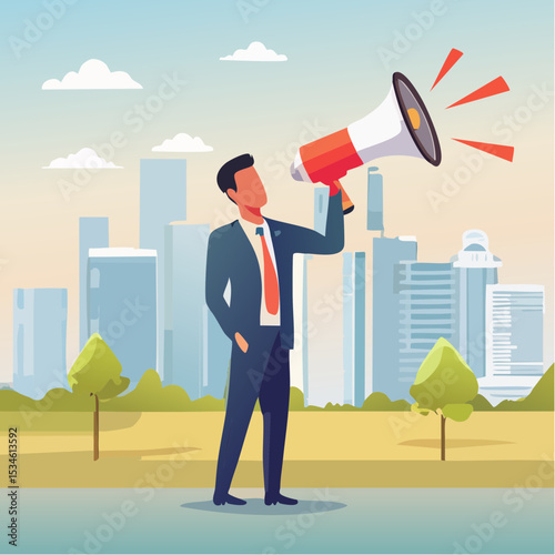 Amplify megaphone, communication voice or advertising message, important announcement loud shouting, broadcast word, message or information concept, businessman shouting on big amplifier megaphon