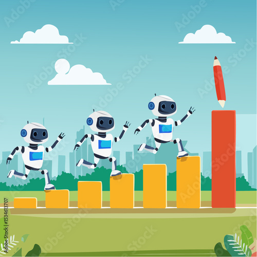 AI artificial intelligence implementation progress, adoption or evolution to improve AI innovation, learning or change to optimize success concept, smart AI robot run on progress bar to reach targe