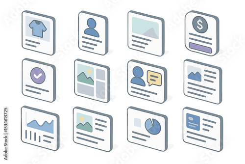 Isometric icons of user profiles, charts, and communication in 3x4 grid