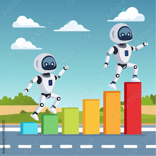 AI artificial intelligence implementation progress, adoption or evolution to improve AI innovation, learning or change to optimize success concept, smart AI robot run on progress bar to reach targe