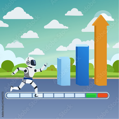 AI artificial intelligence implementation progress, adoption or evolution to improve AI innovation, learning or change to optimize success concept, smart AI robot run on progress bar to reach targe