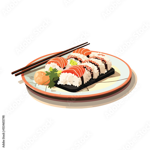Japanese Sushi Food Dish with Chopstick Shadow Vector Illustration
