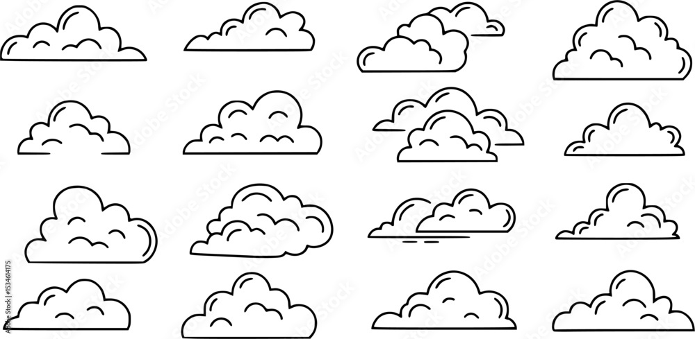 Set of clouds in a linear style. Cloud in line or outline collection. Vector illustration.

