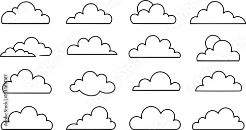 Set of clouds in a linear style. Cloud in line or outline collection. Vector illustration.
