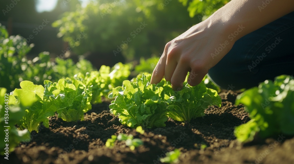 Fototapeta premium Person planting lettuce in sunlit garden highlighting humannature connection