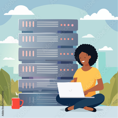 Database system, data network management, security or search, cloud computing technology or file document archive, database administration concept, woman working with computer laptop on databas