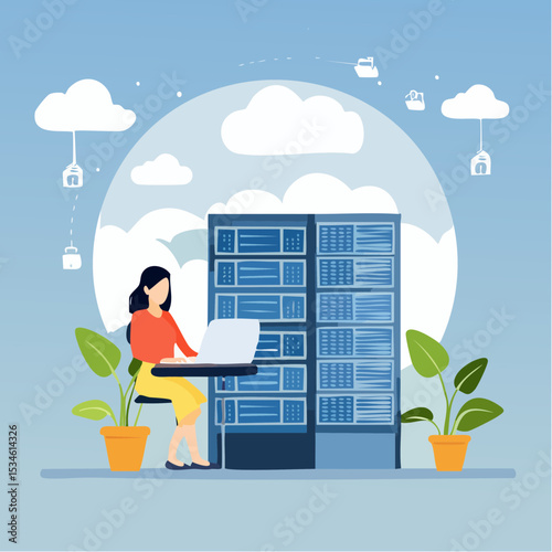 Database system, data network management, security or search, cloud computing technology or file document archive, database administration concept, woman working with computer laptop on databas