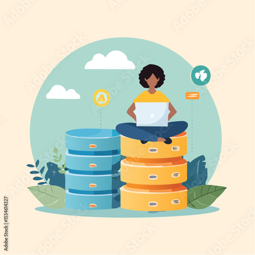 Database system, data network management, security or search, cloud computing technology or file document archive, database administration concept, woman working with computer laptop on databas