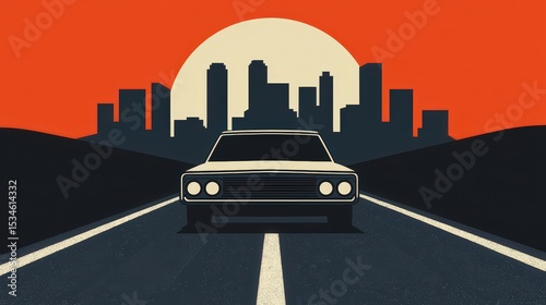 A stylized cityscape features a car driving on a road towards a sunset with a bold orange sky, creating a dramatic urban silhouette scene.